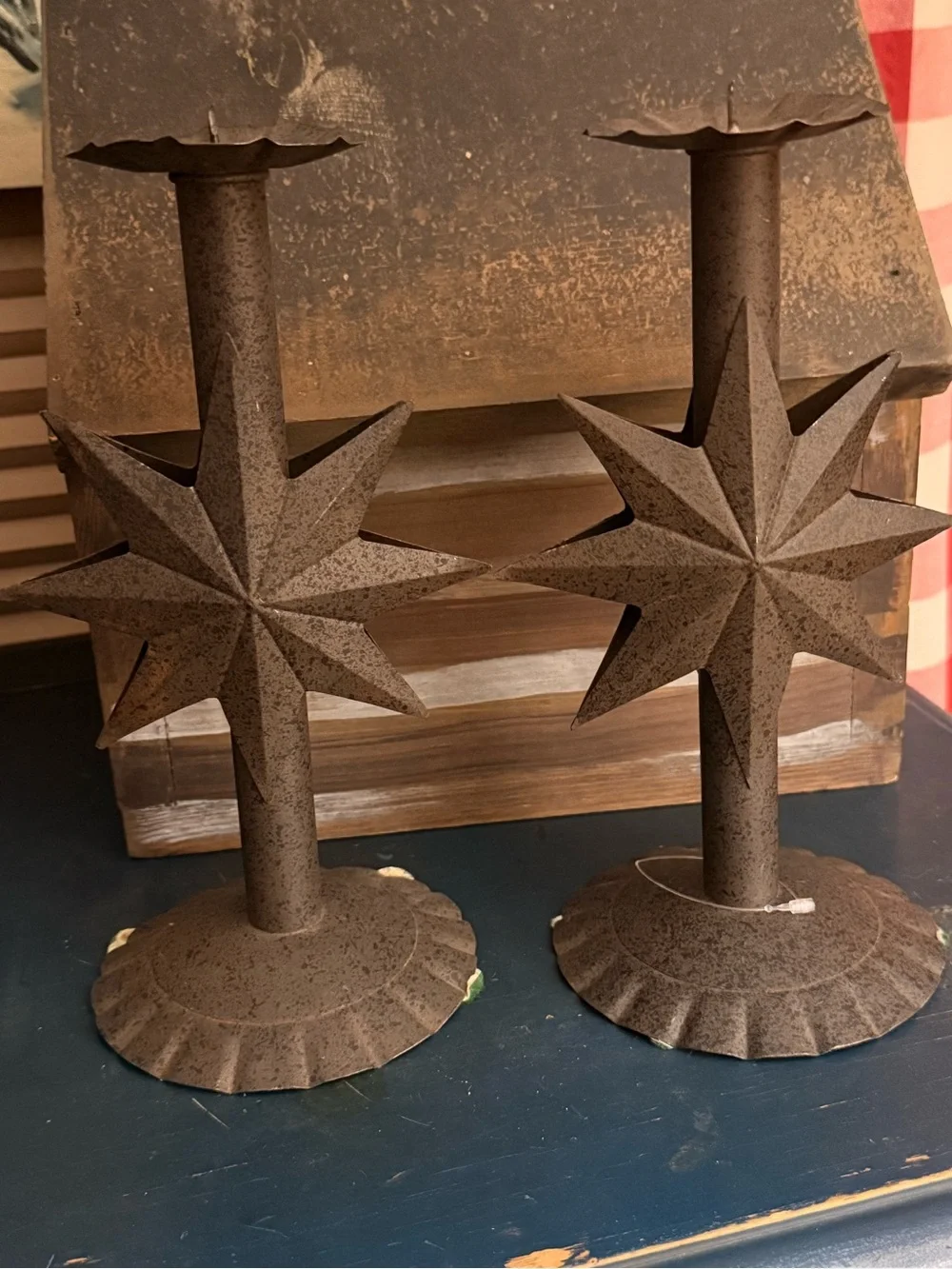 Rustic Vintage Starburst Metal Candle Holders - Pair, Brown